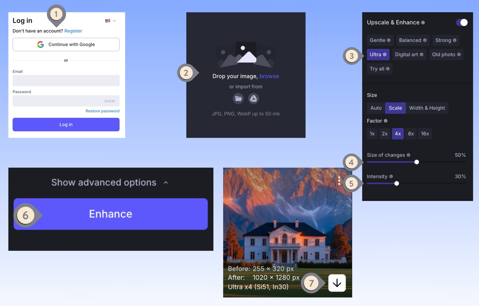 LetsEnhance dashboard showing upload, upscale options, and Enhance workflow steps.