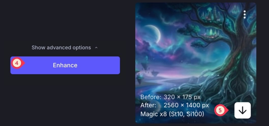 Enhance and download buttons showing final enhancement steps