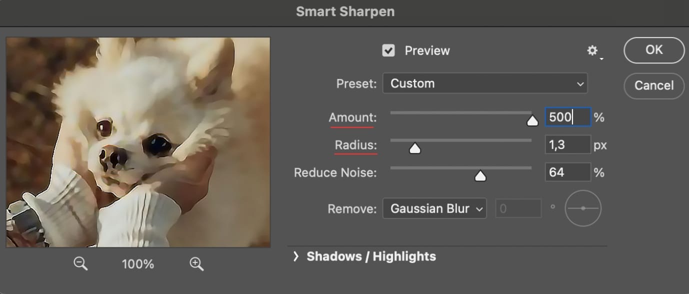 Smart Sharpen settings in Photoshop