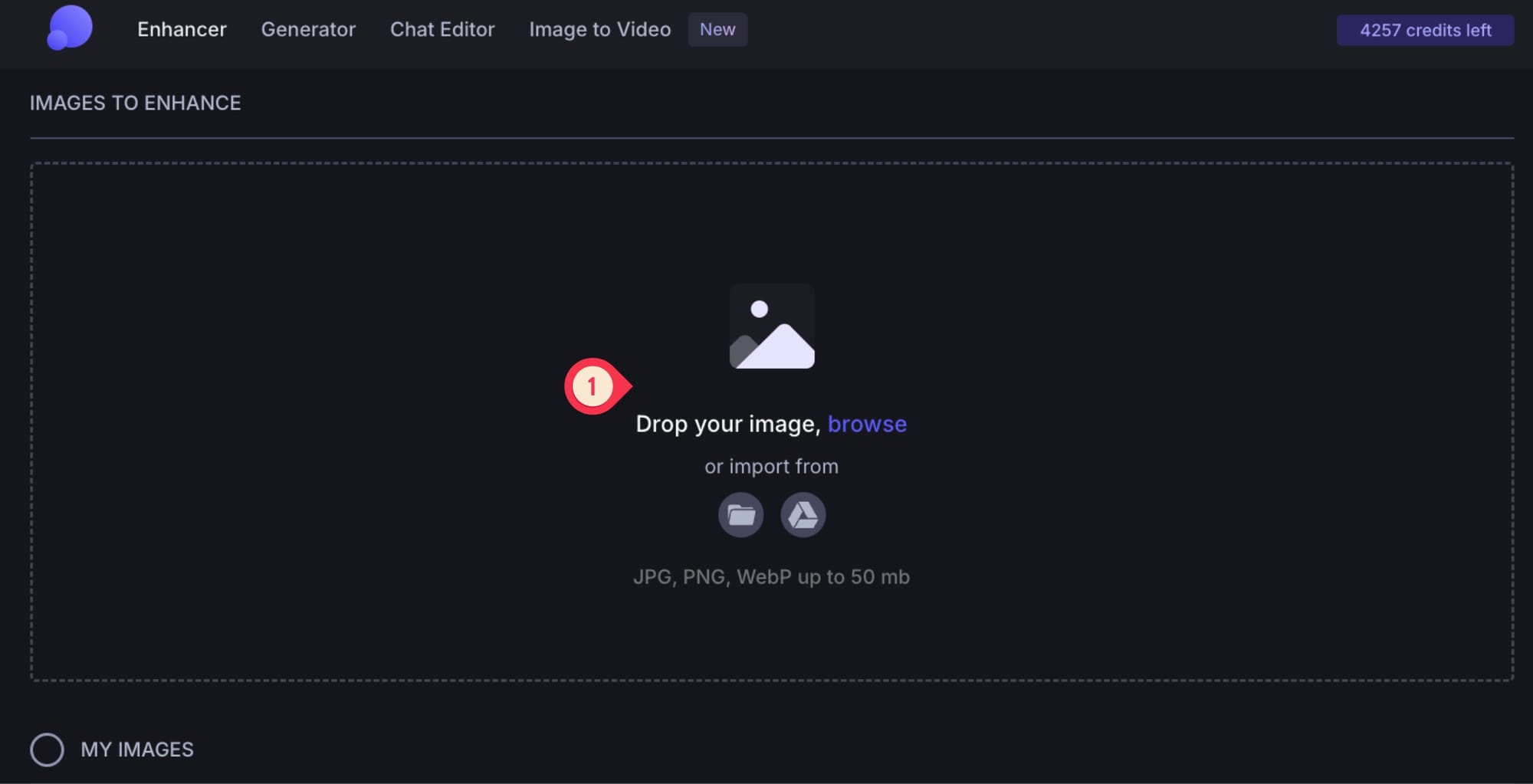 Desktop for dropping or browsing images to enhance