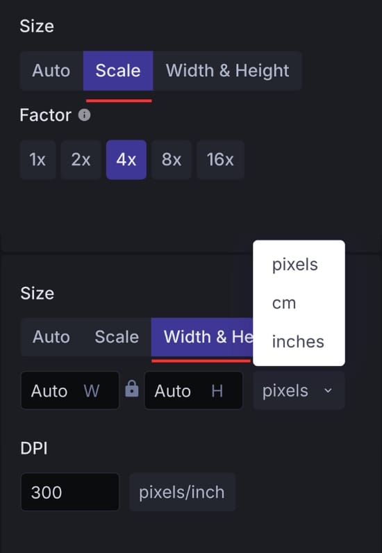 Screenshot of size options available on LetsEnhance