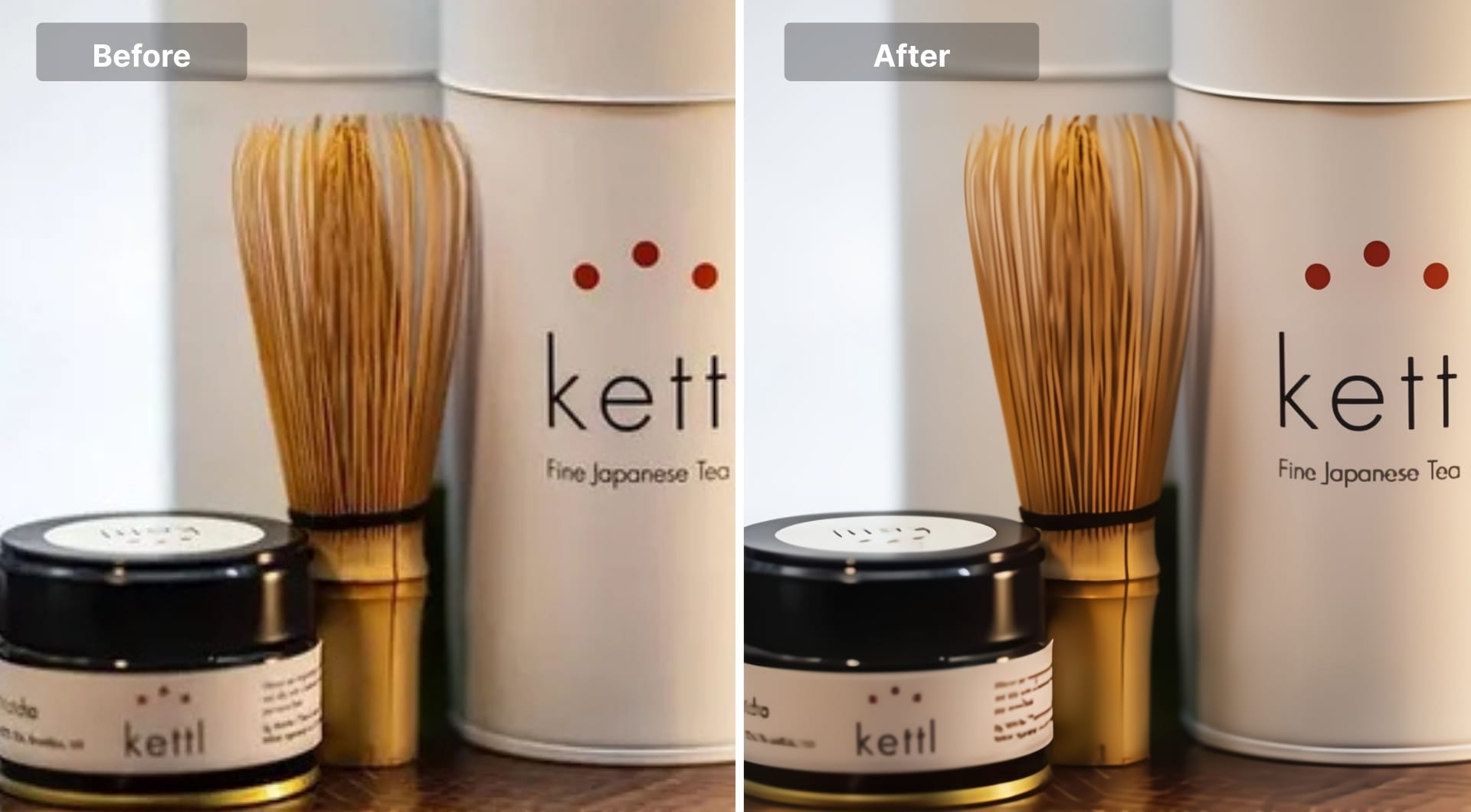 Tea product photo with packaging label text sharpened after enhancement