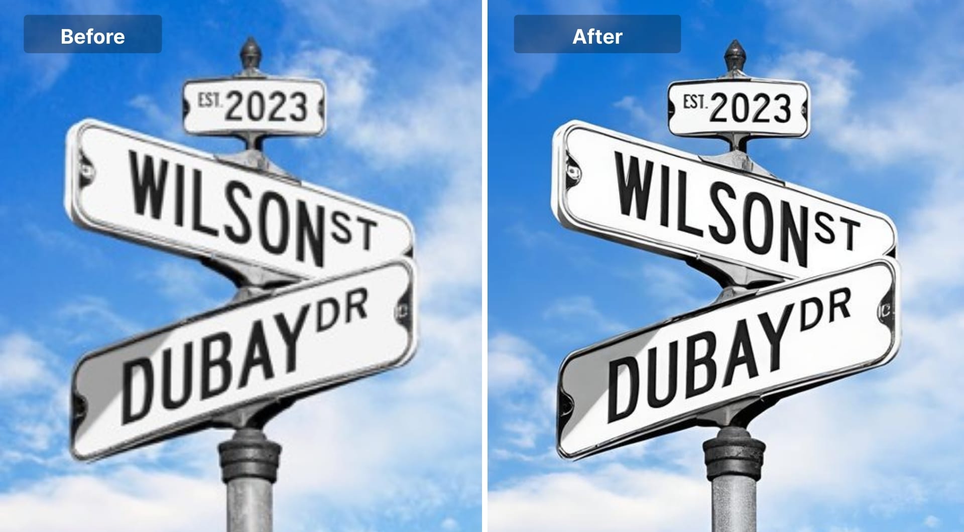 Street sign photo showing text sharpened after enhancement