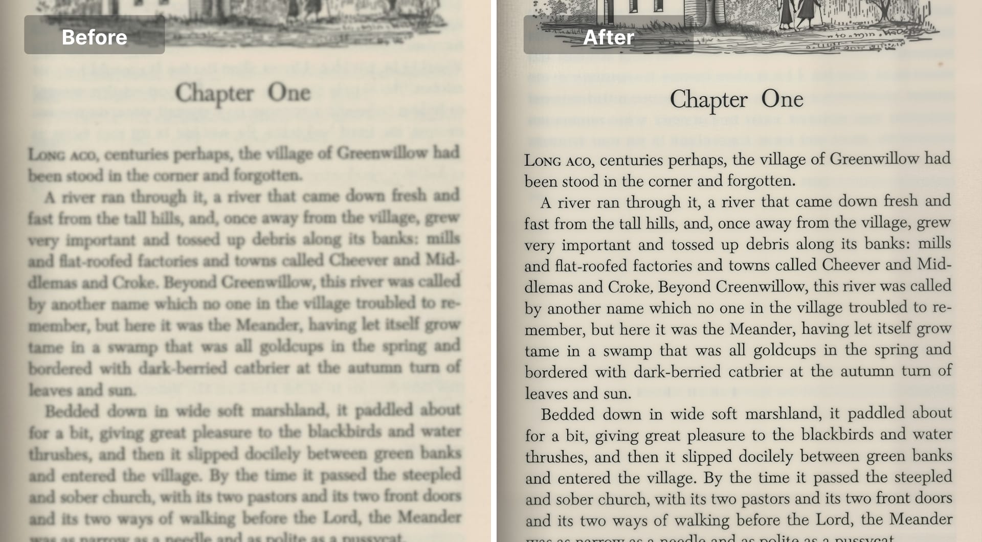 Before and after comparison of blurry and sharpened book page text