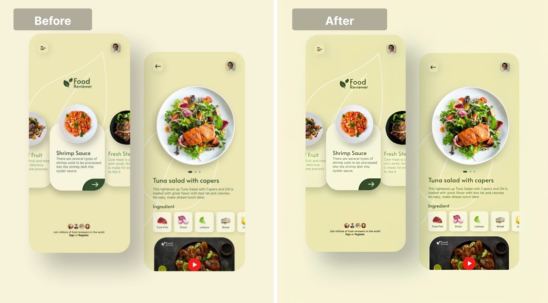 Smartphone food delivery app screenshot before and after text enhancement