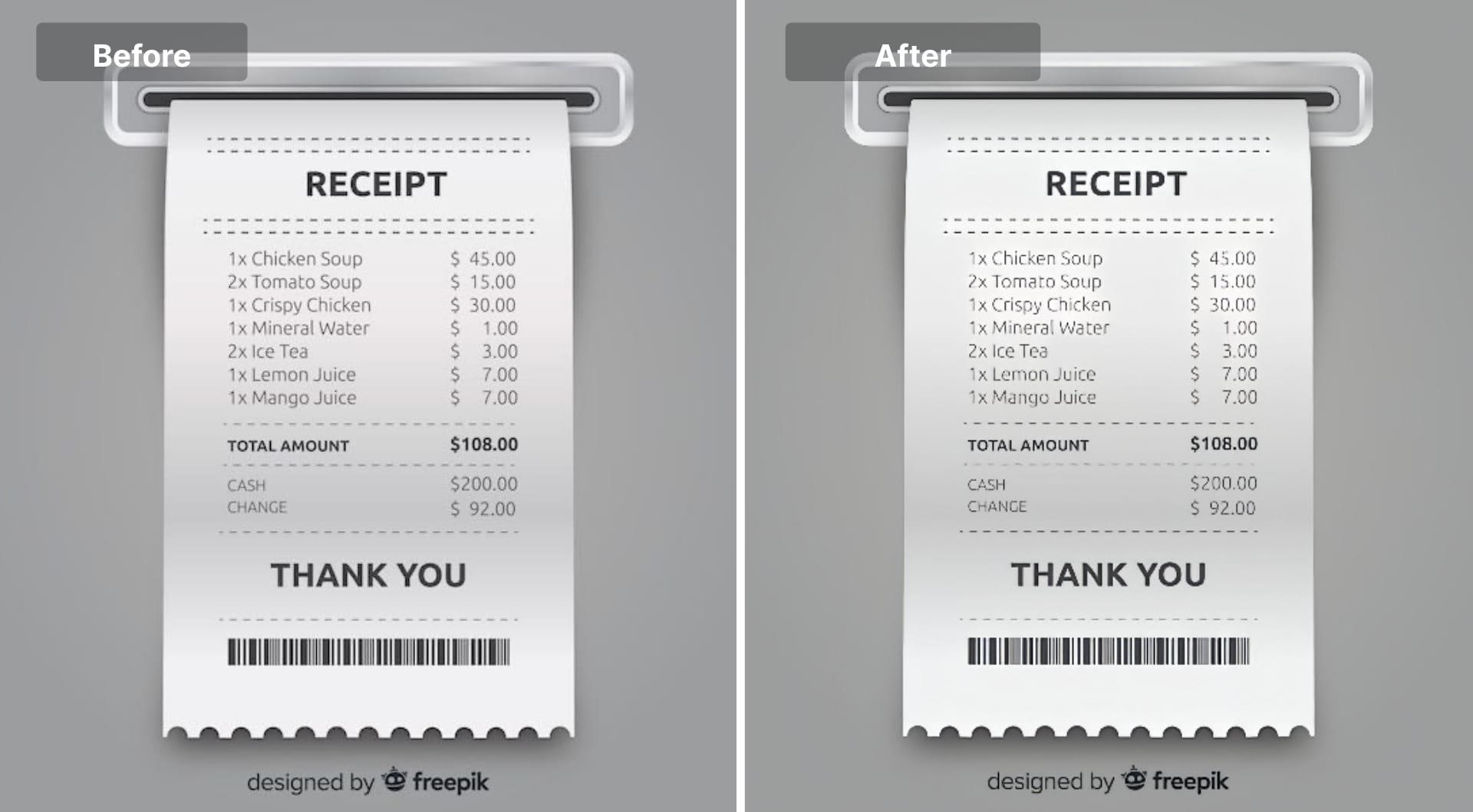Receipt image with printed totals sharpened compared to the blurry original