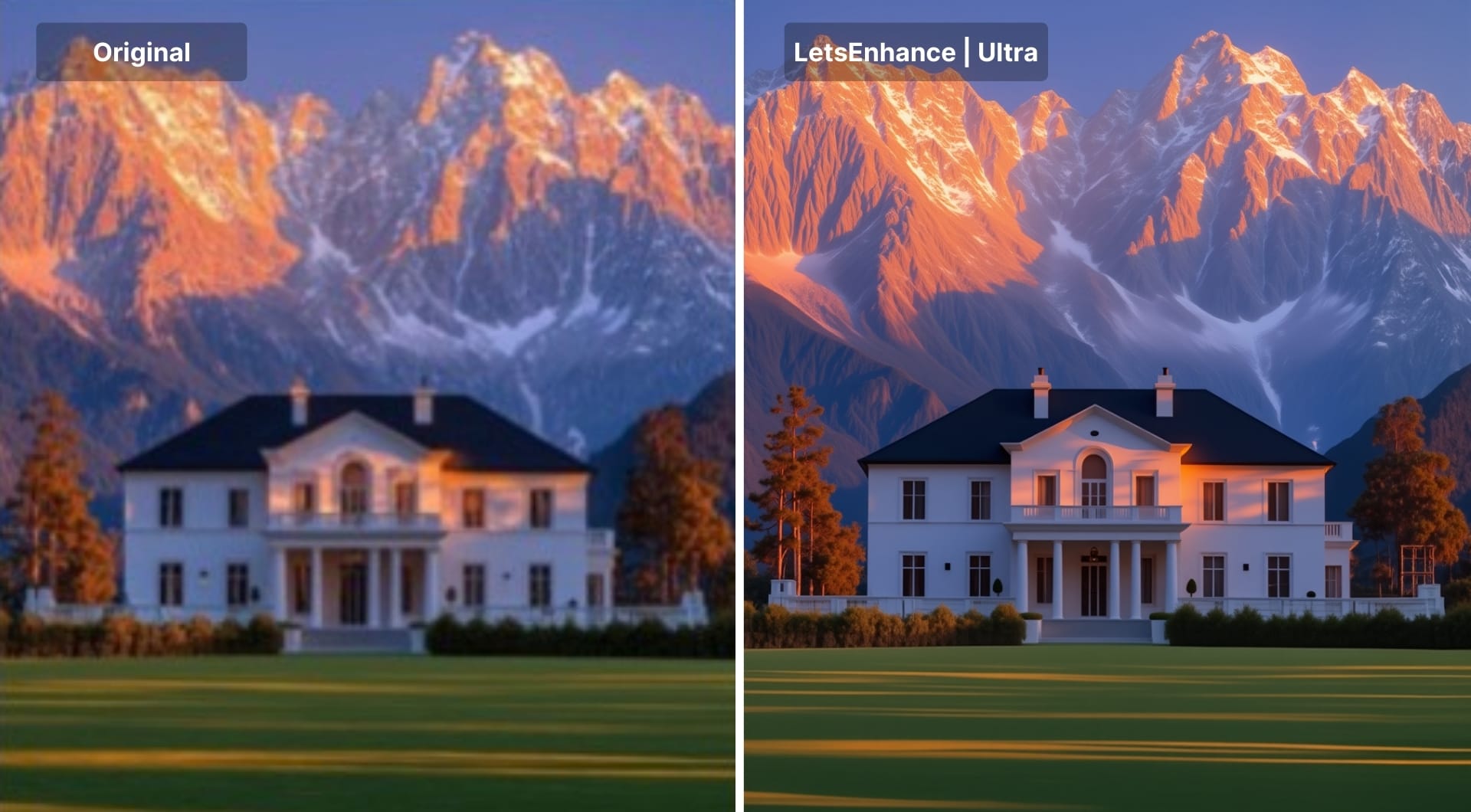 Side-by-side original and Ultra HD photo of mountain house.