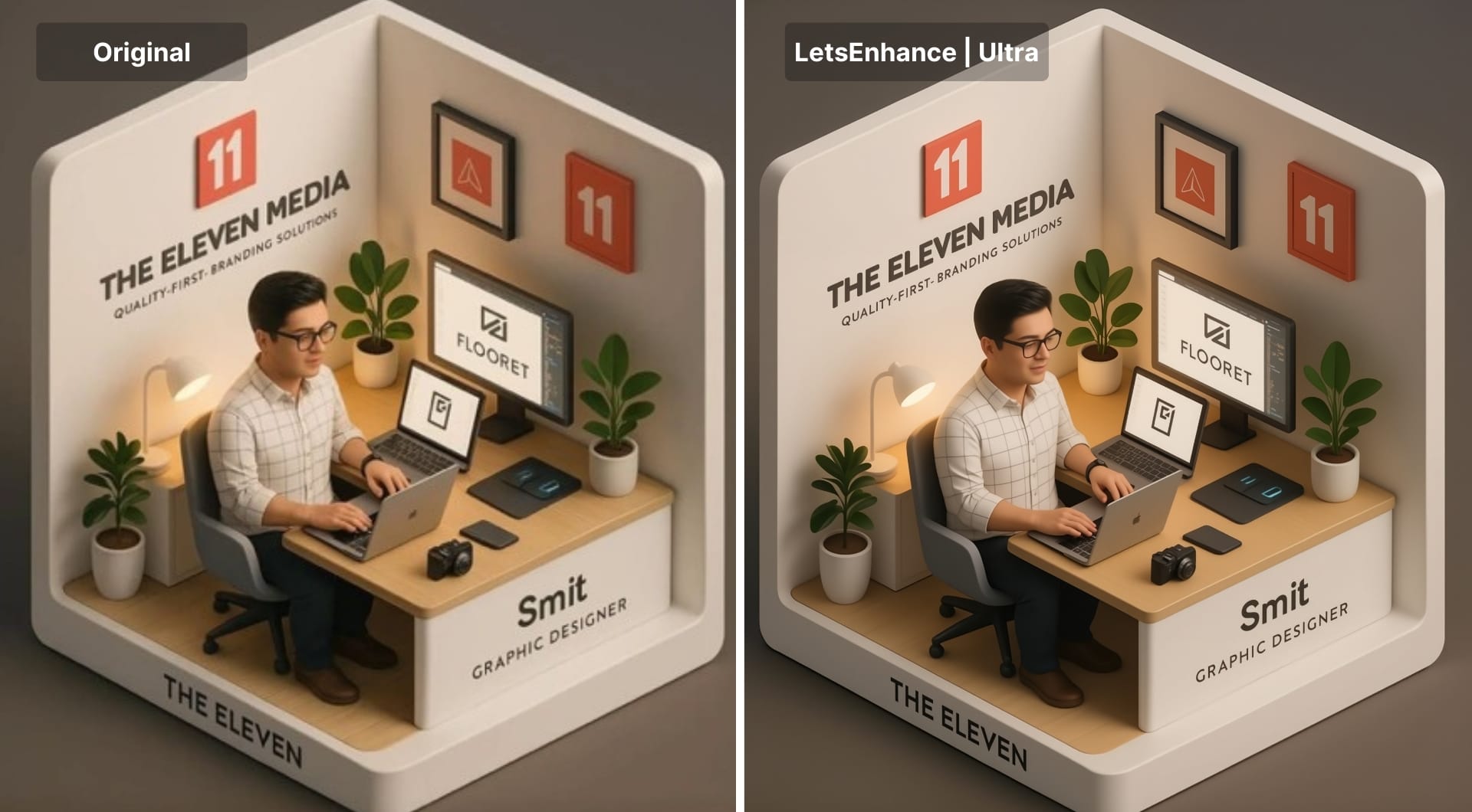 3D illustration workspace scene comparing original AI art to Ultra HD version.