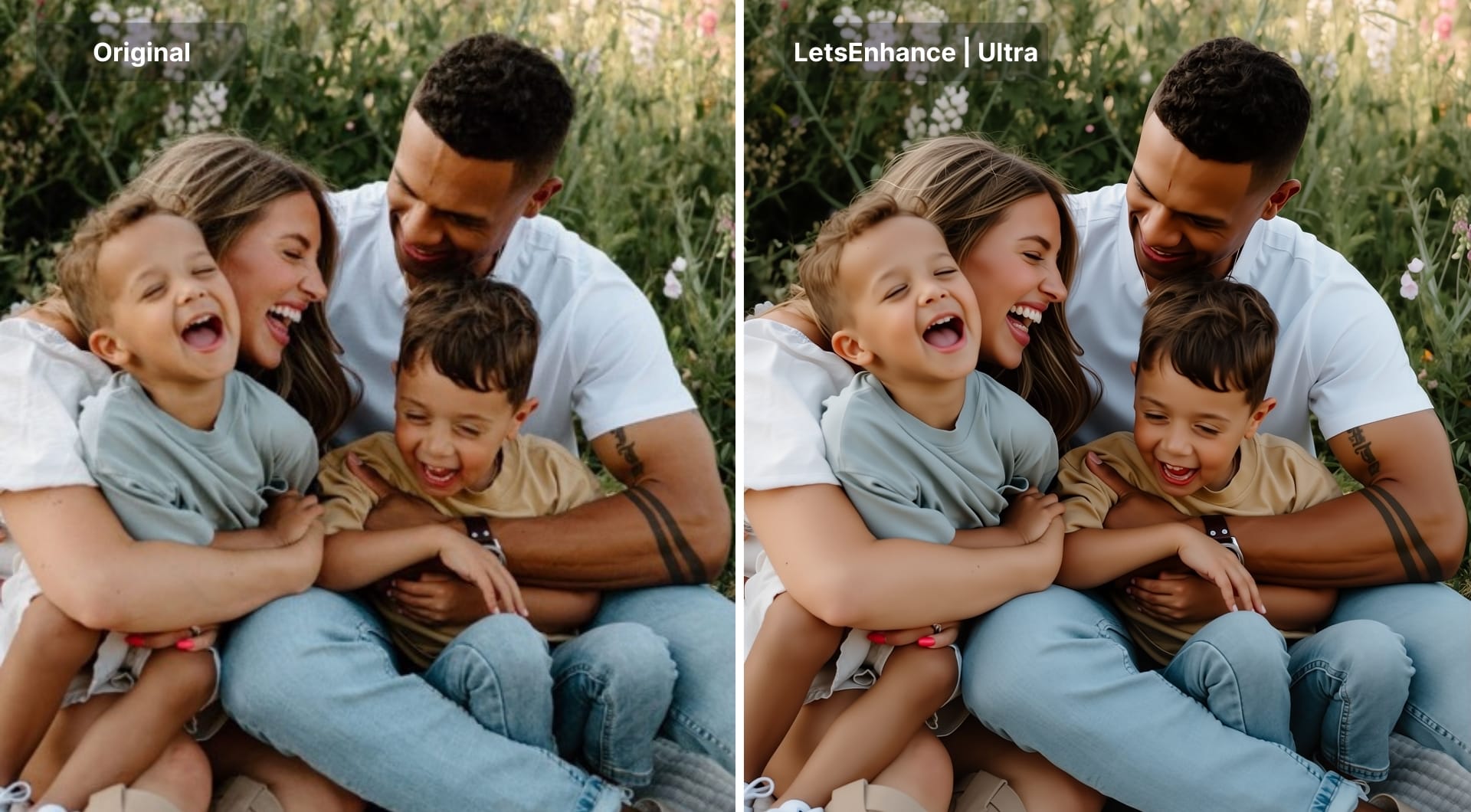 Family portrait shown before and after HD upscaling.