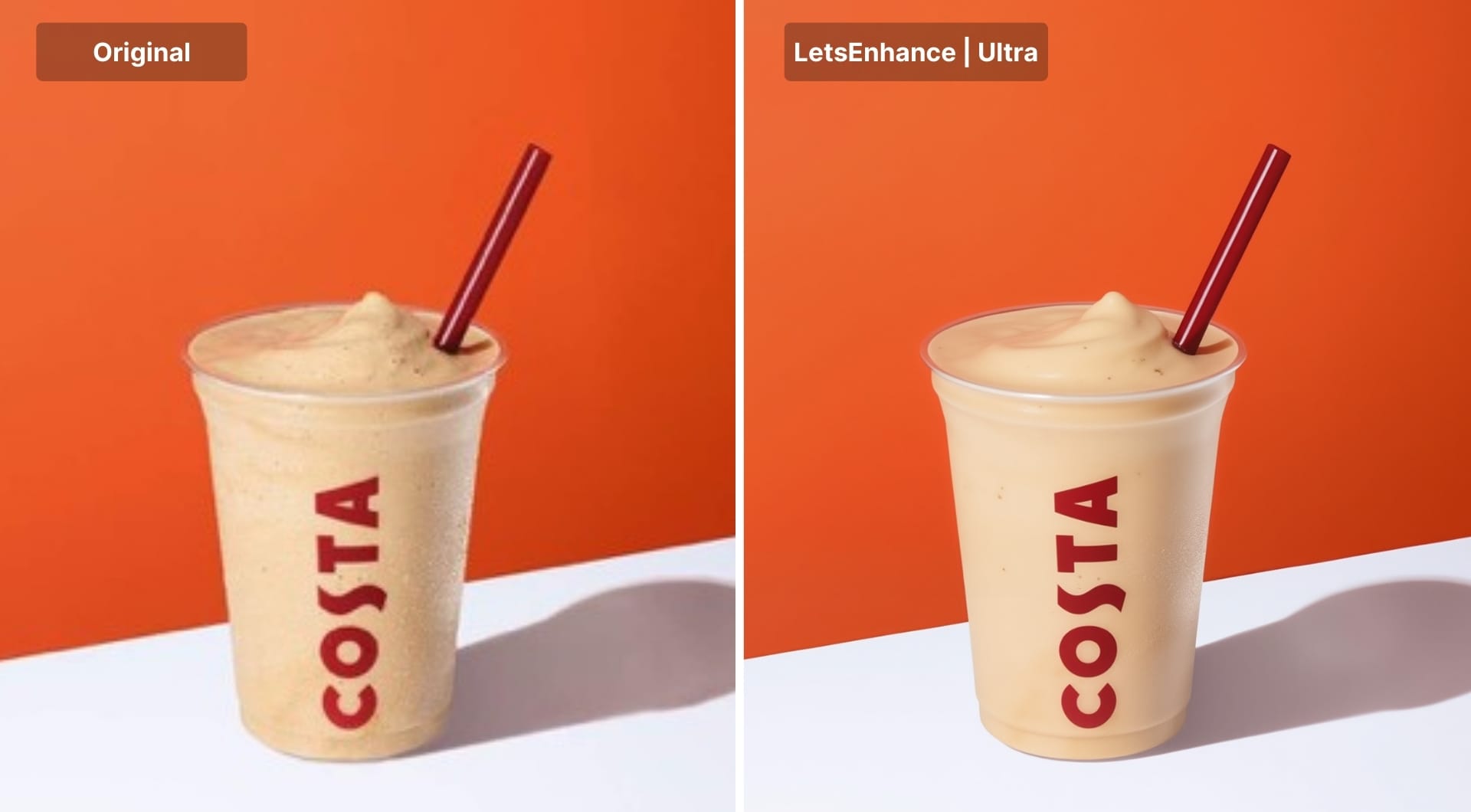 Iced coffee product photo before and after HD enhancement with Ultra.