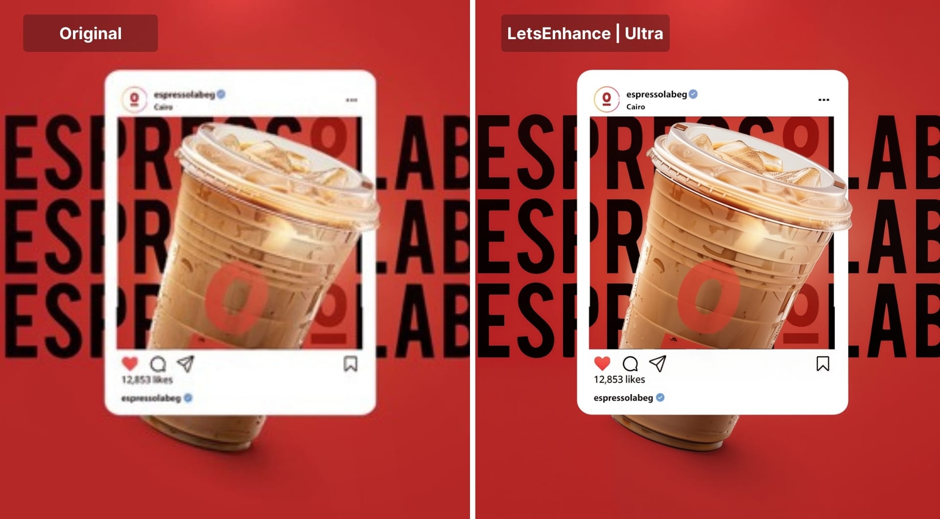 Social media ad shown before and after HD upscaling.