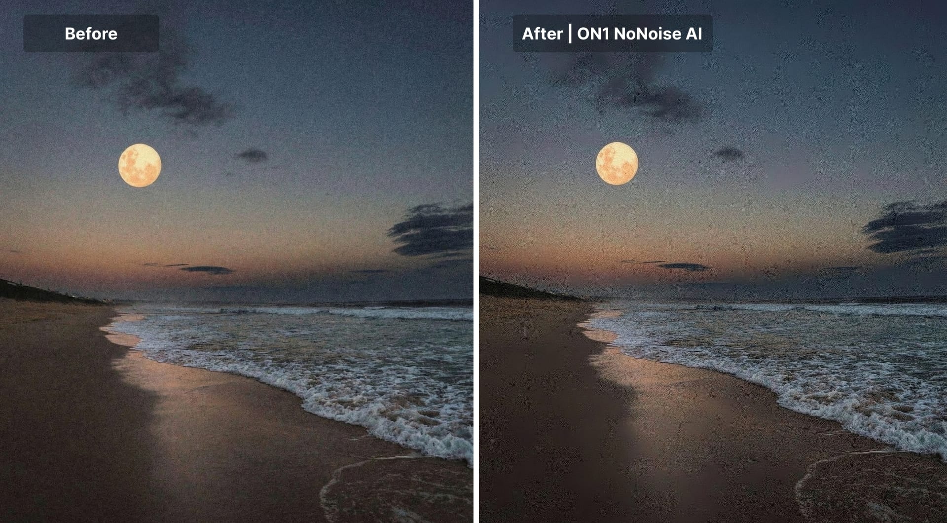 ON1 NoNoise AI before-and-after of moonlit beach photo.