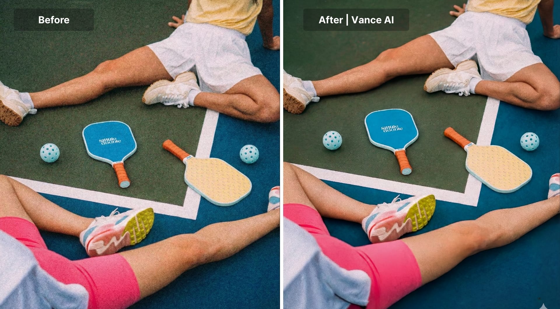 VanceAI before-and-after denoise of pickleball paddles and balls on court.
