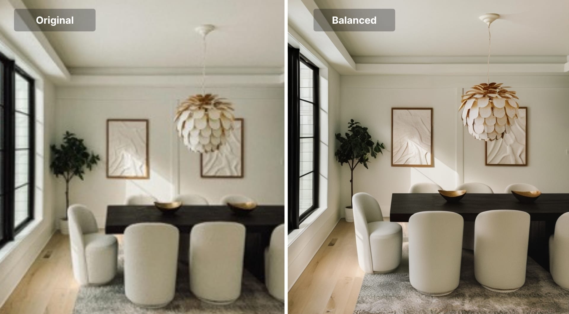Dining room interior before and after Balanced upscaling comparison