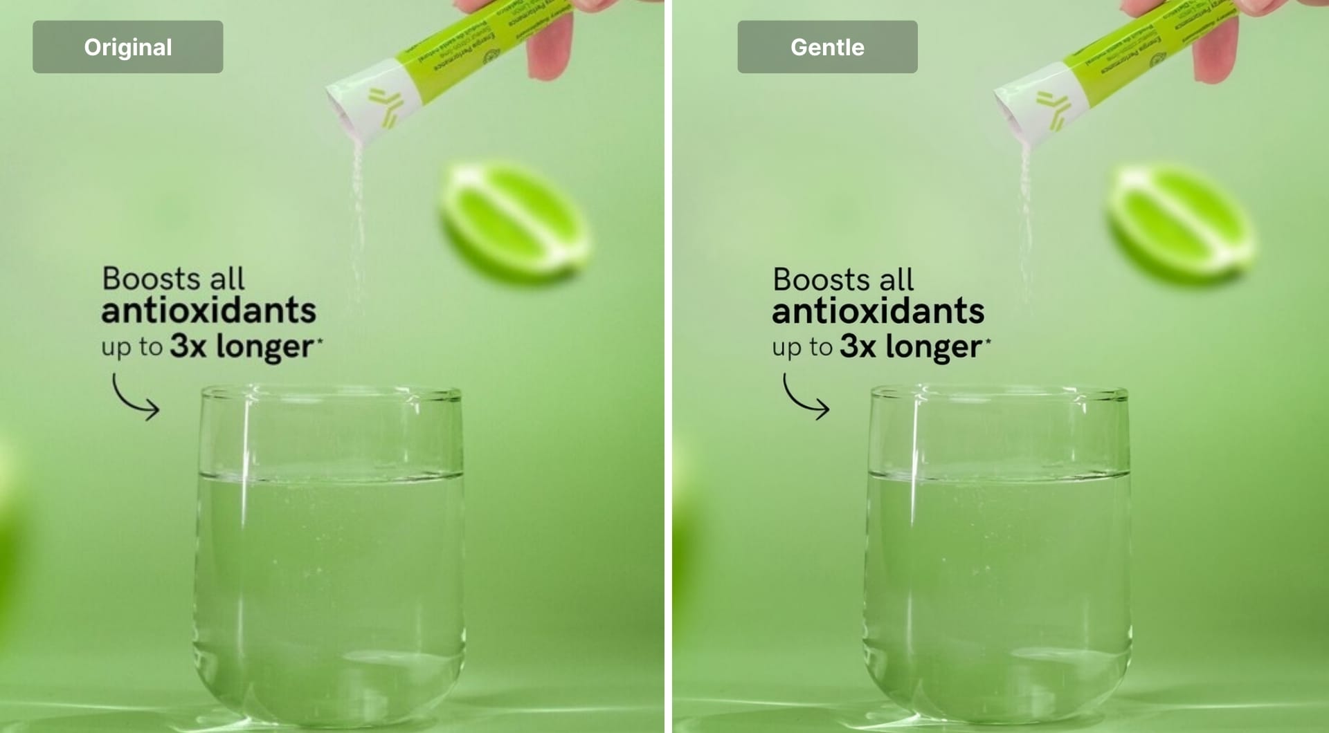 Product glass photo showing Gentle upscaling reducing blur and artifacts