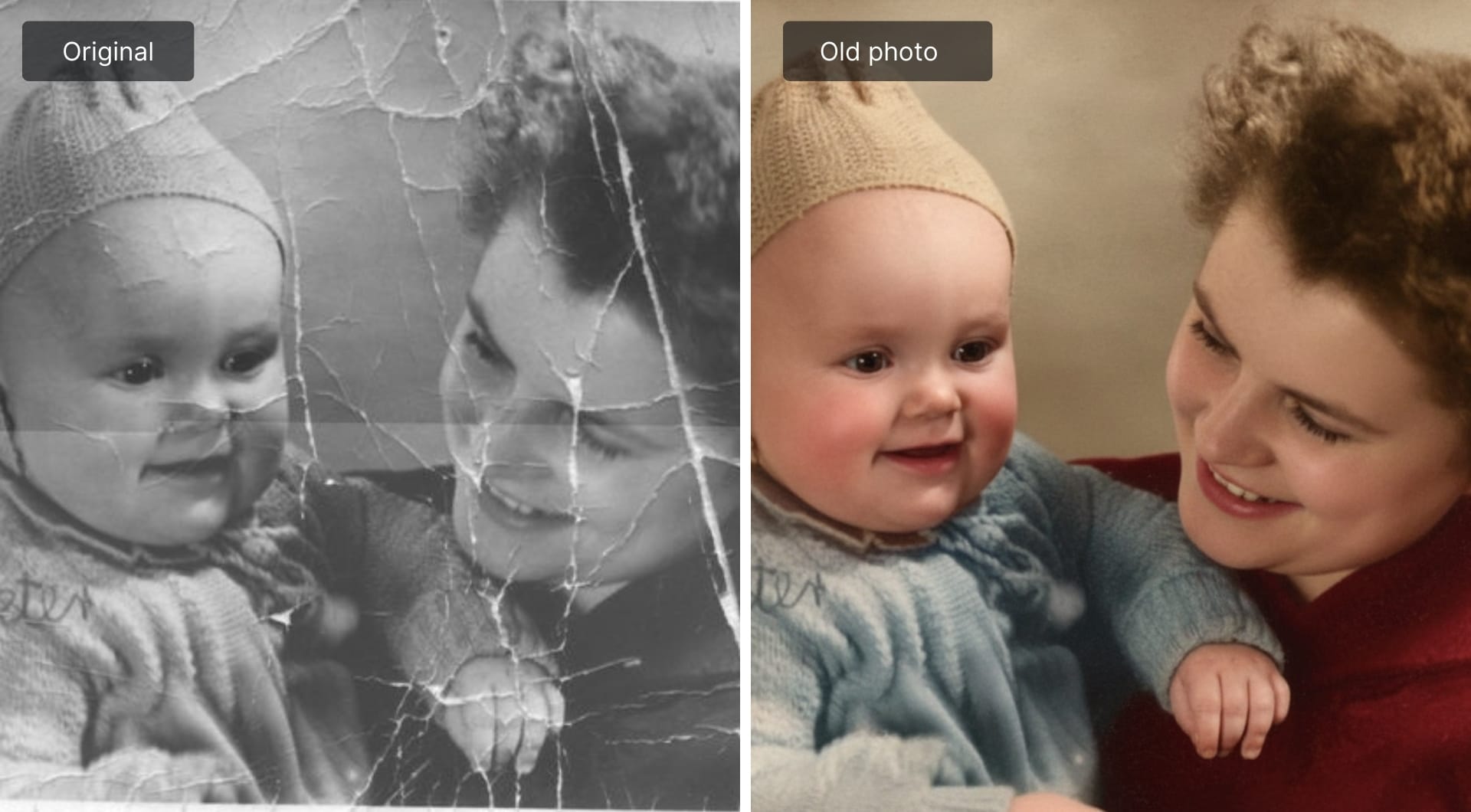 Scratched family portrait before and after Old Photo restoration