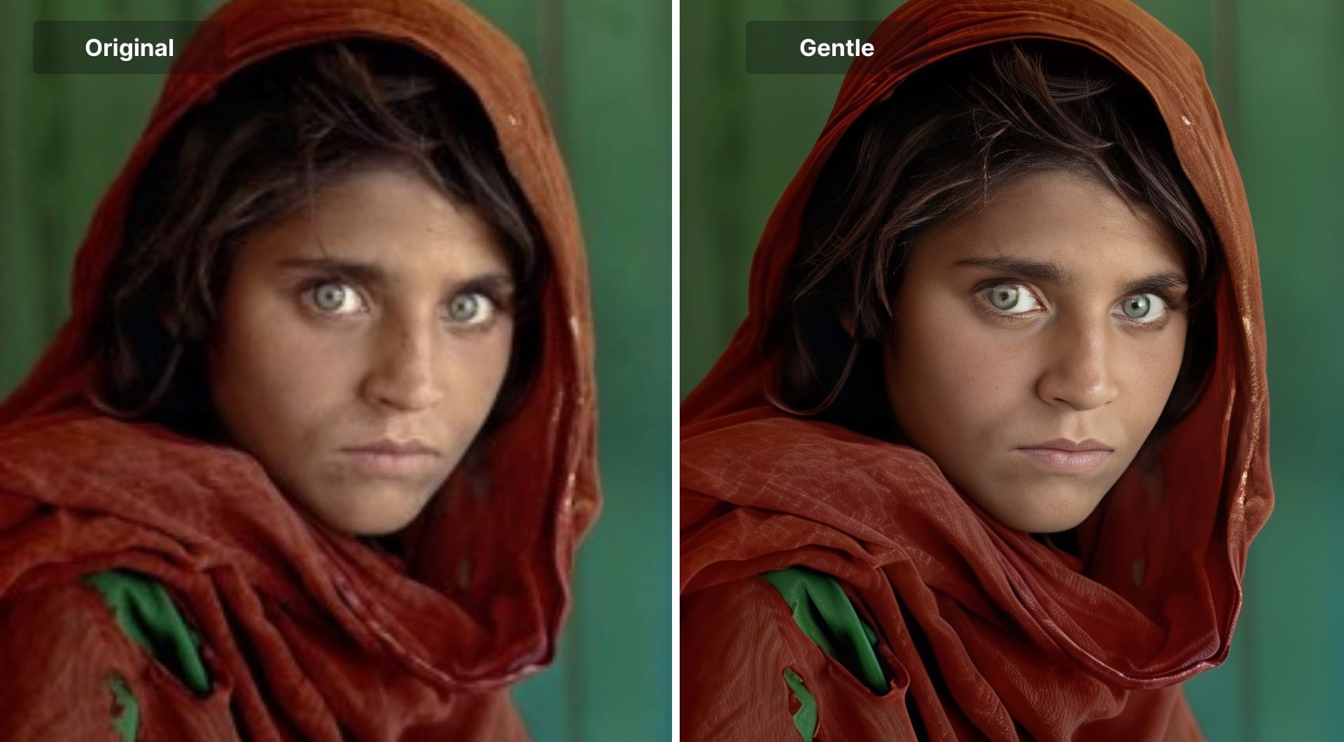 Portrait of girl before and after Strong high-detail upscaling