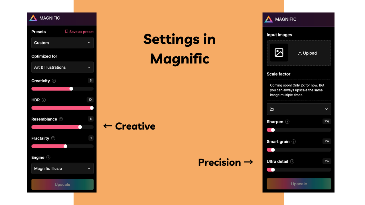 Creative and precision settings panel in Magnific AI
