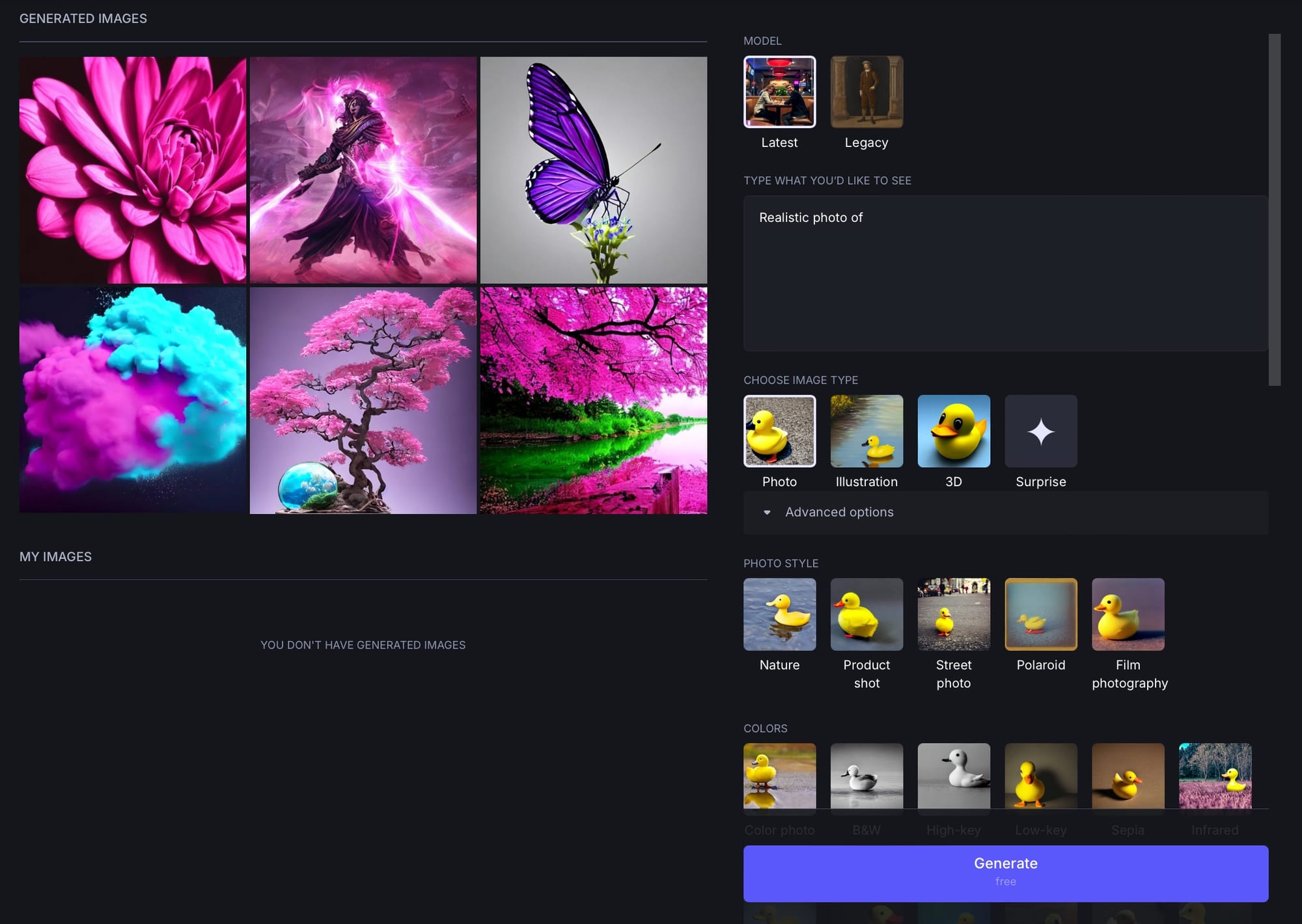 Generator dashboard with prompt box and additional settings