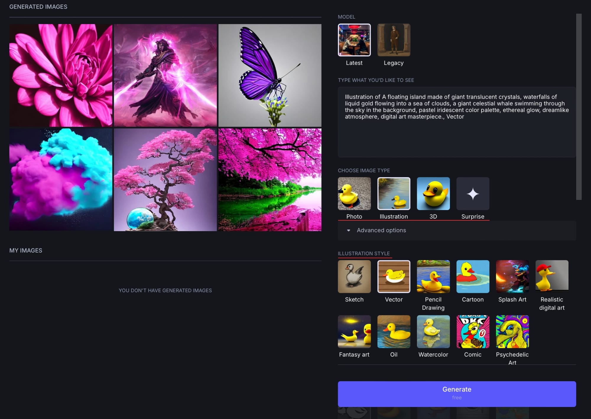 Prompt box with Photo, Illustration, 3D options and Surprise button.