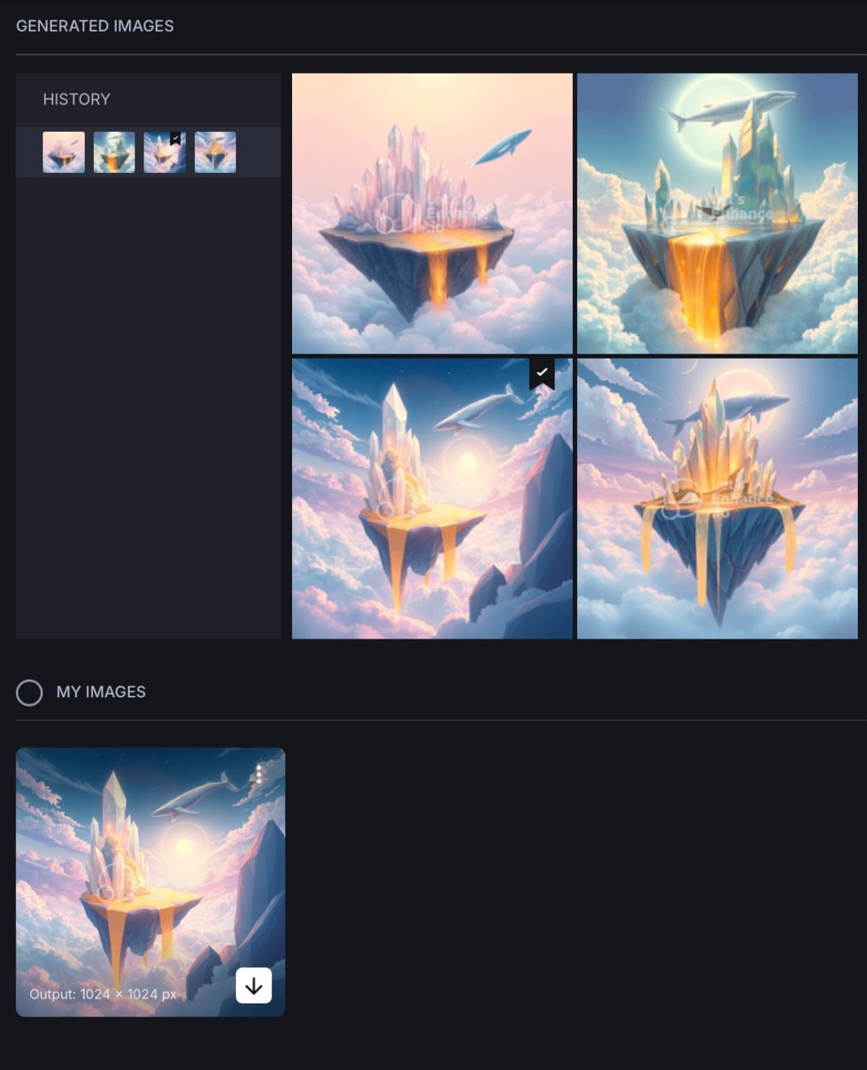 Four generated floating-island scenes in a results grid.