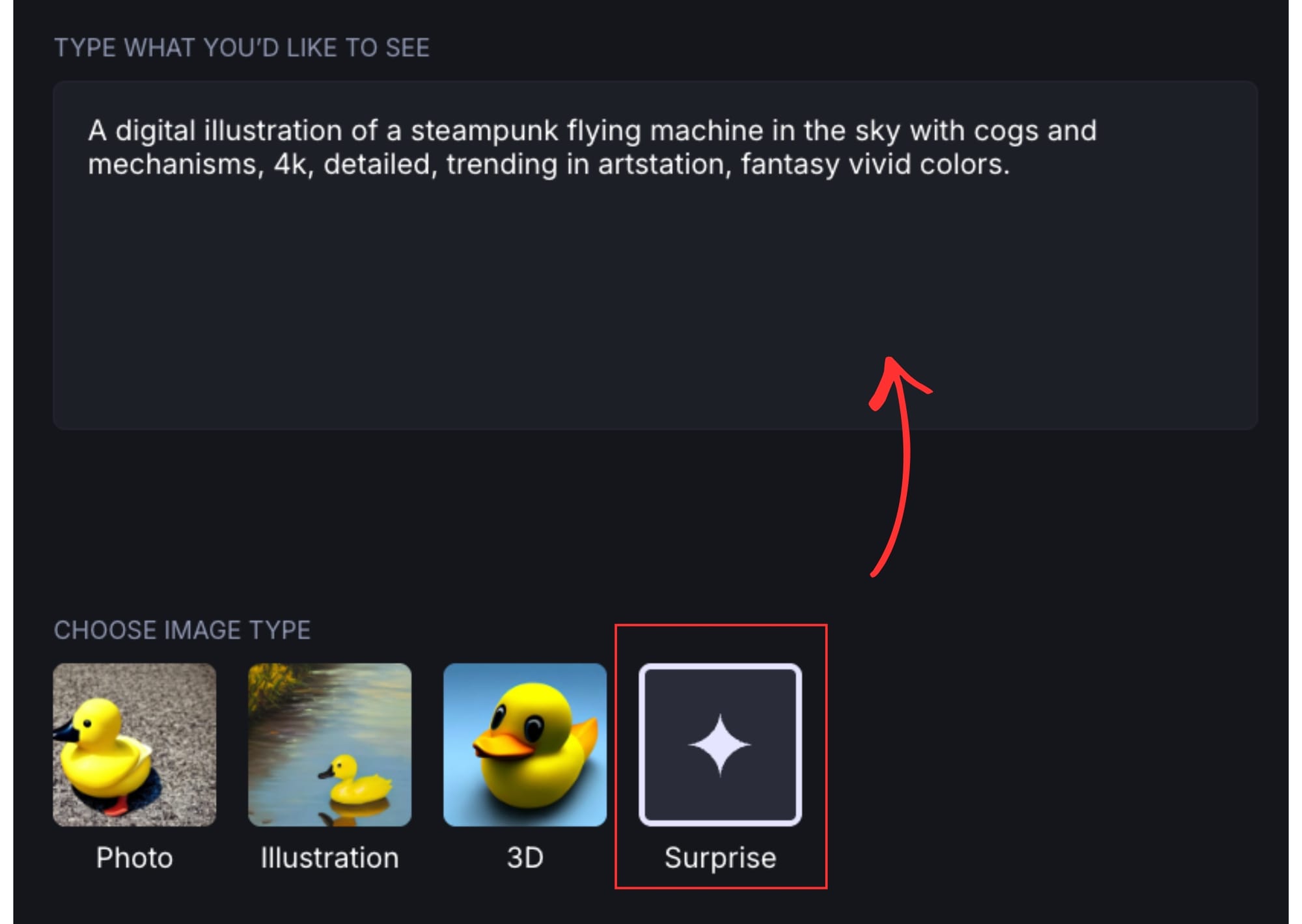 Interface showing Surprise button to auto-generate an image prompt.