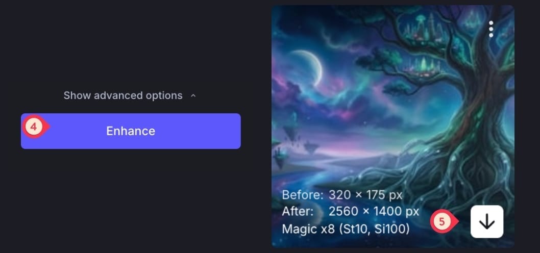 Enhance and download buttons showing final enhancement steps