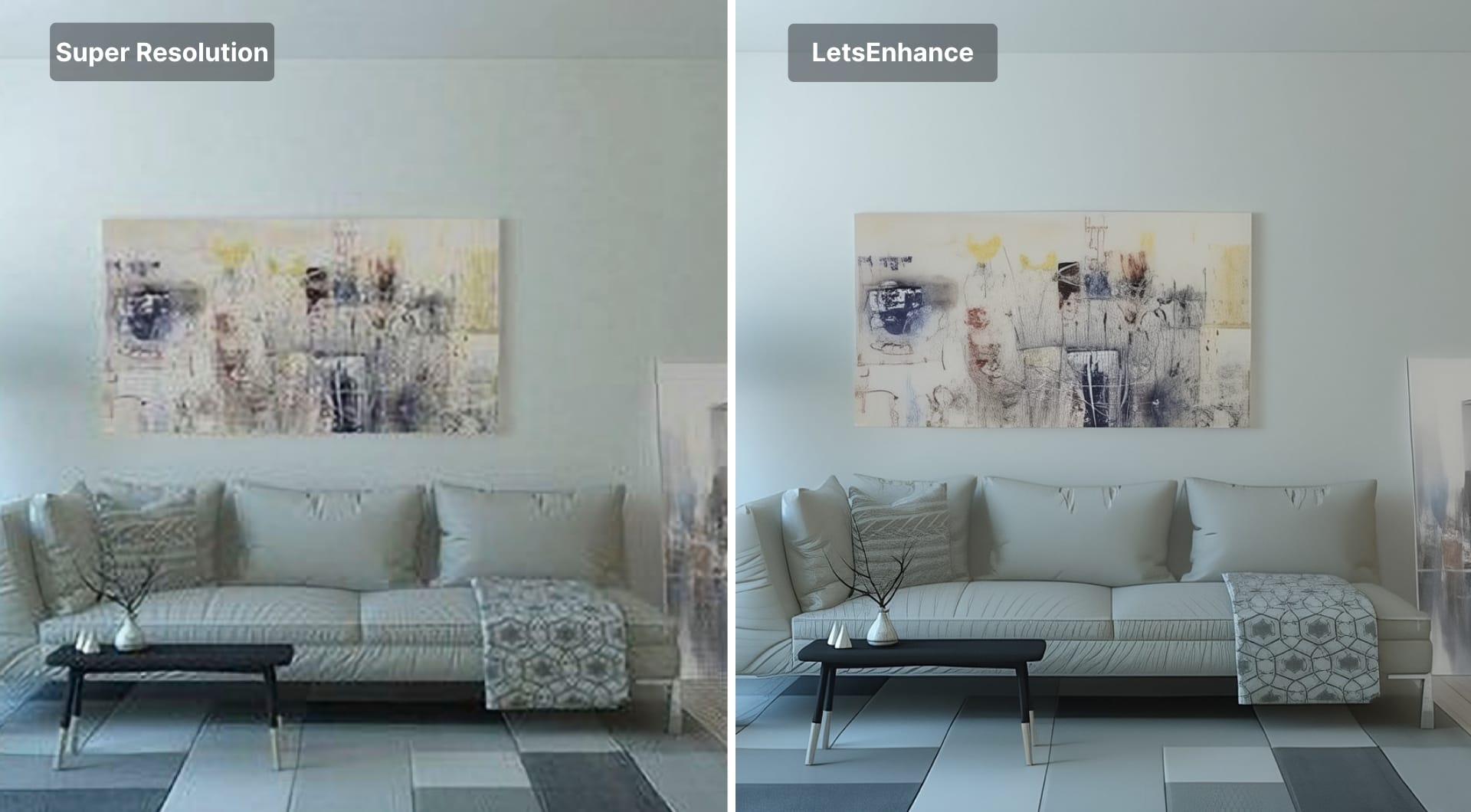 Living room interior image upscaled with SR and LetsEnhance