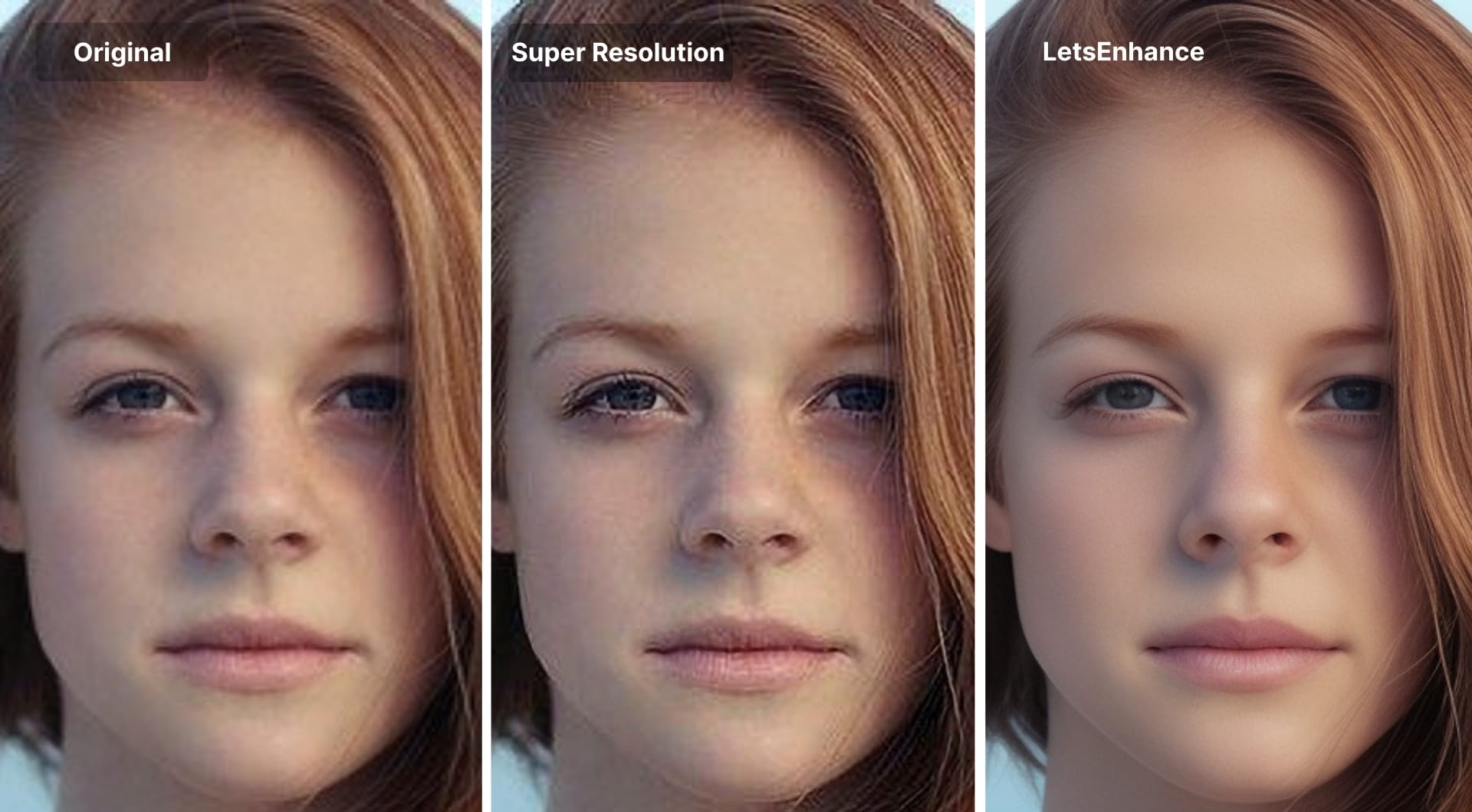 Portrait face crops comparing original, Super Resolution, and LetsEnhance
