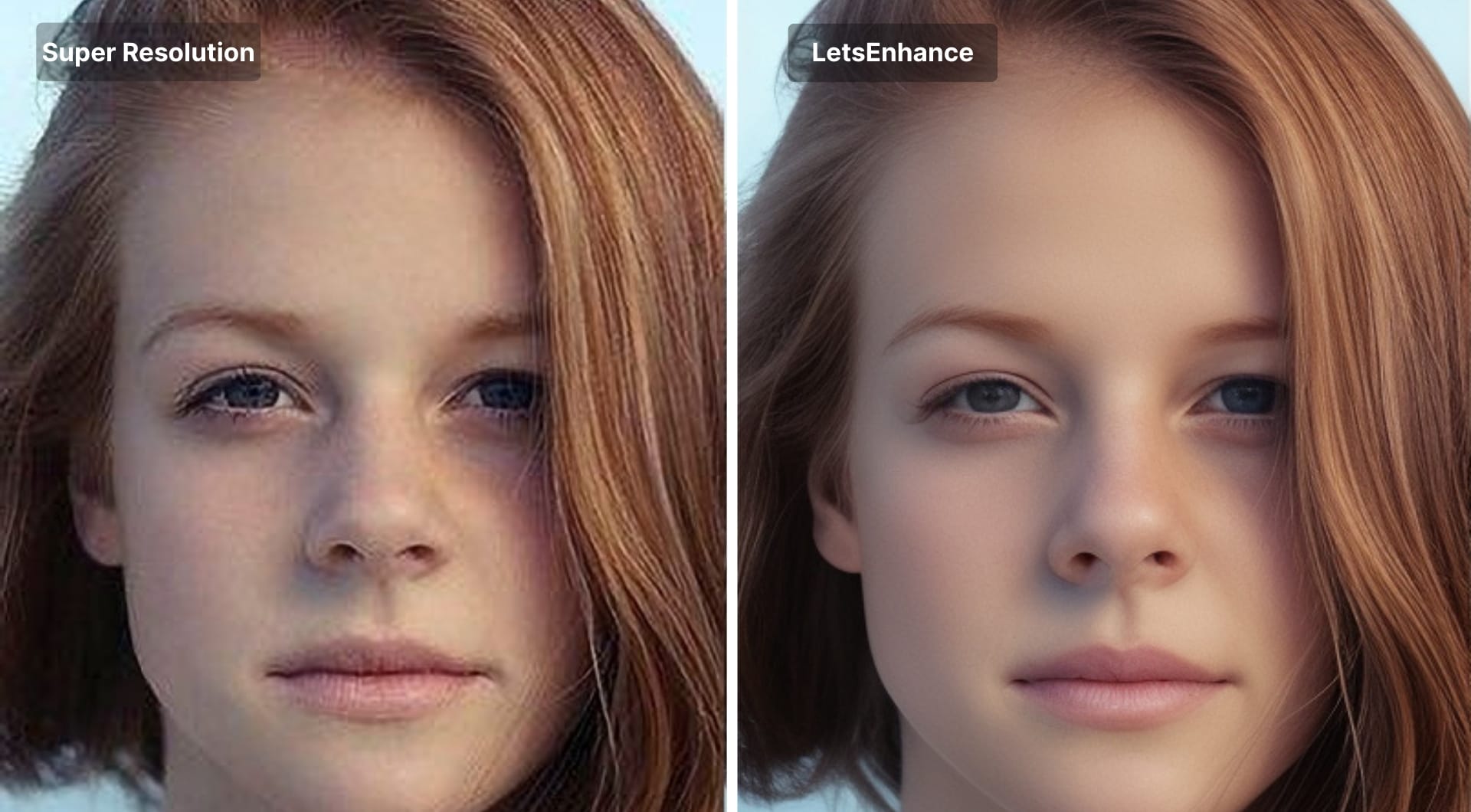 Comparison of low-res portrait enhanced with Super Resolution and LetsEnhance