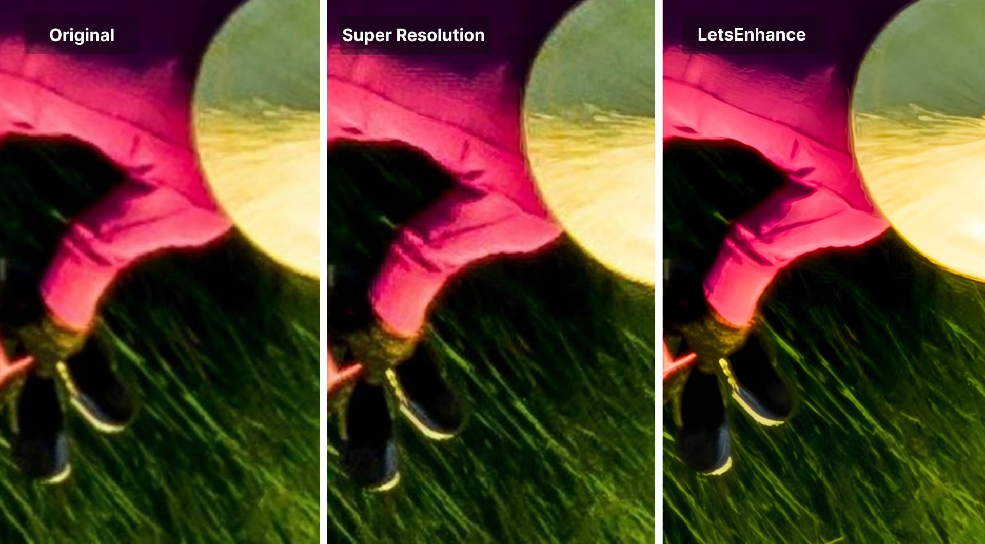 Zoomed print samples: original, Super Resolution, and LetsEnhance