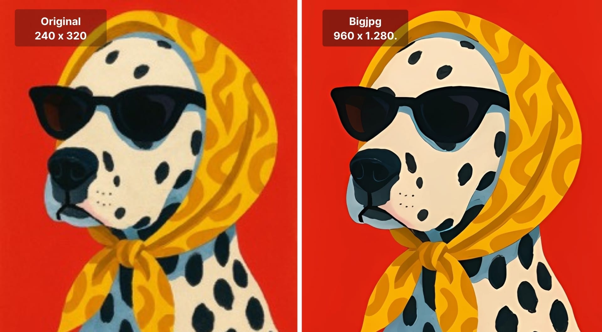 Illustrated dog image shown before and after upscaling