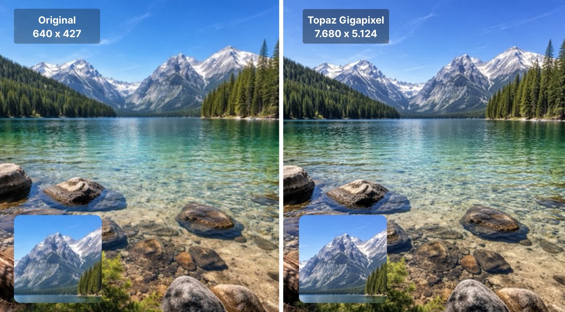 Topaz Gigapixel upscaling example of a mountain lake photo