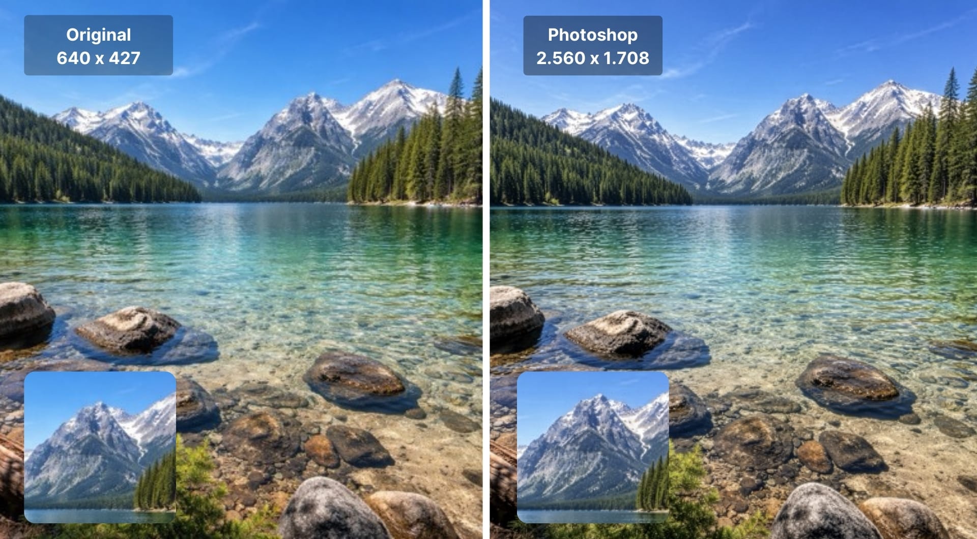Photoshop enlargement example of a mountain lake photo, before and after