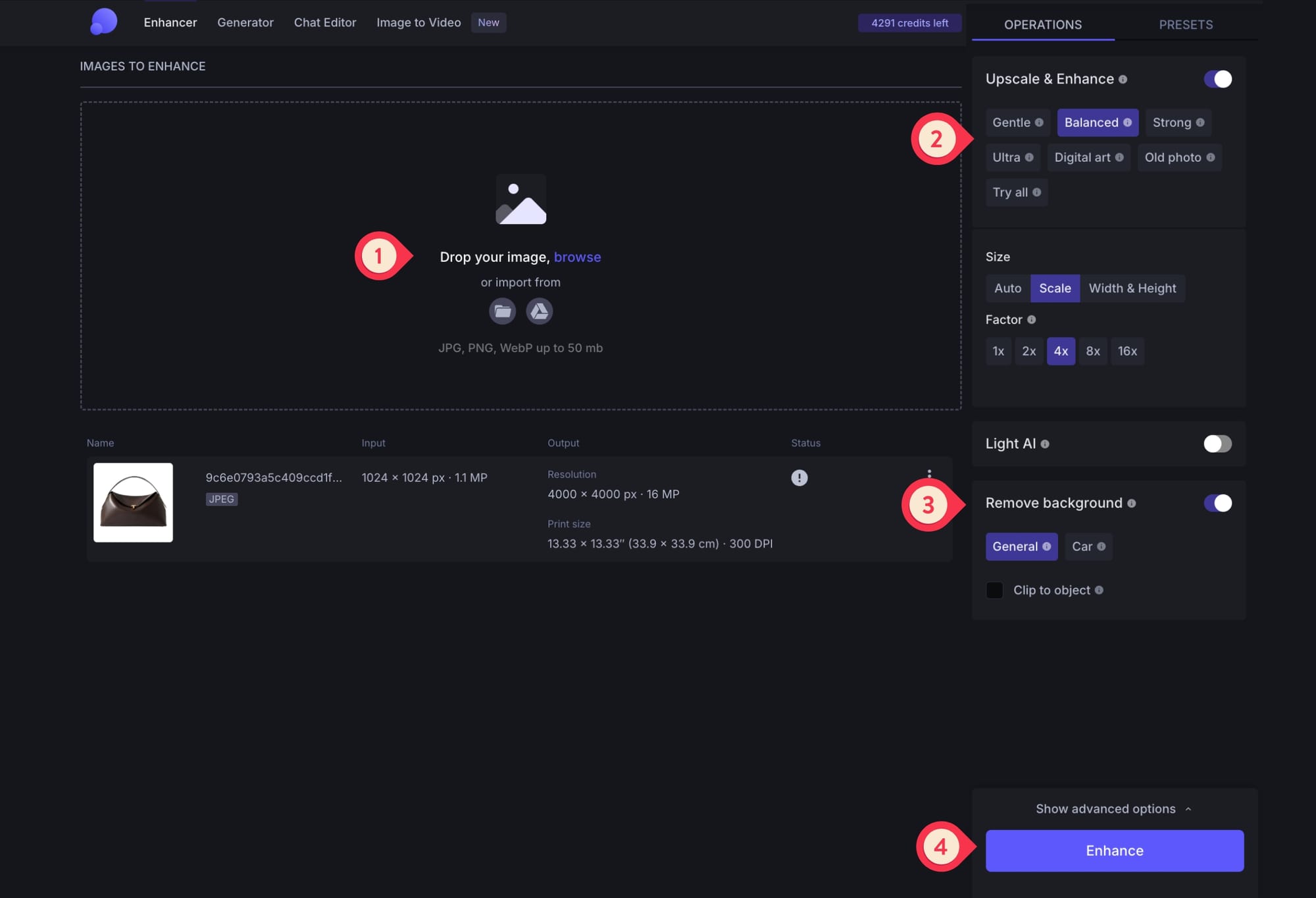 Enhancer workspace isolating a product on transparent or white backgrounds.
