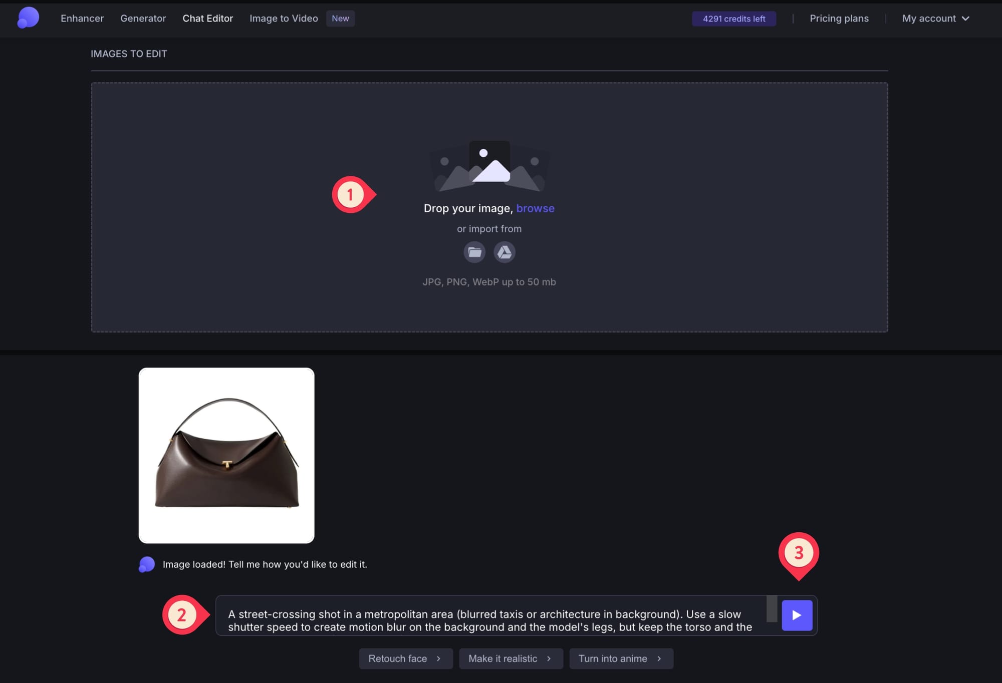 Chat Editor interface used to generate new product scenes from a PNG.