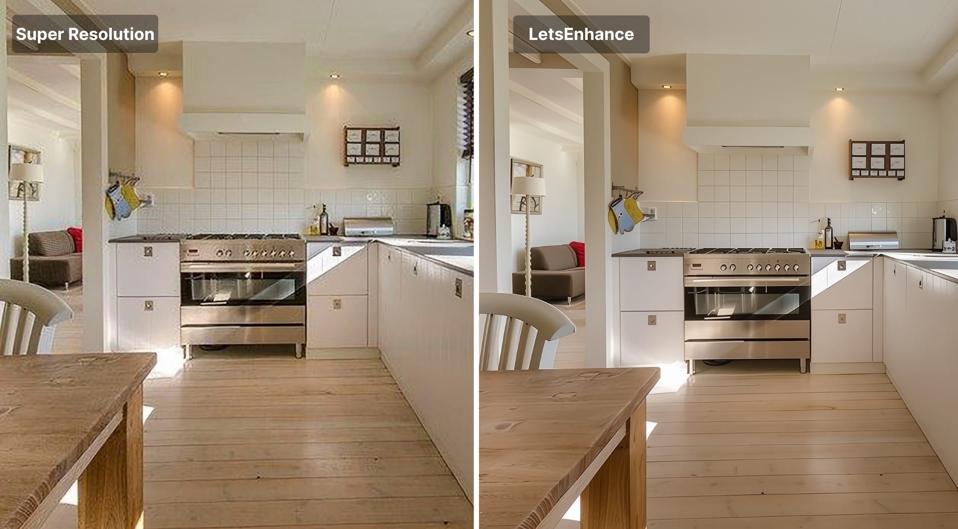 Kitchen detail zooms comparing Super Resolution and LetsEnhance