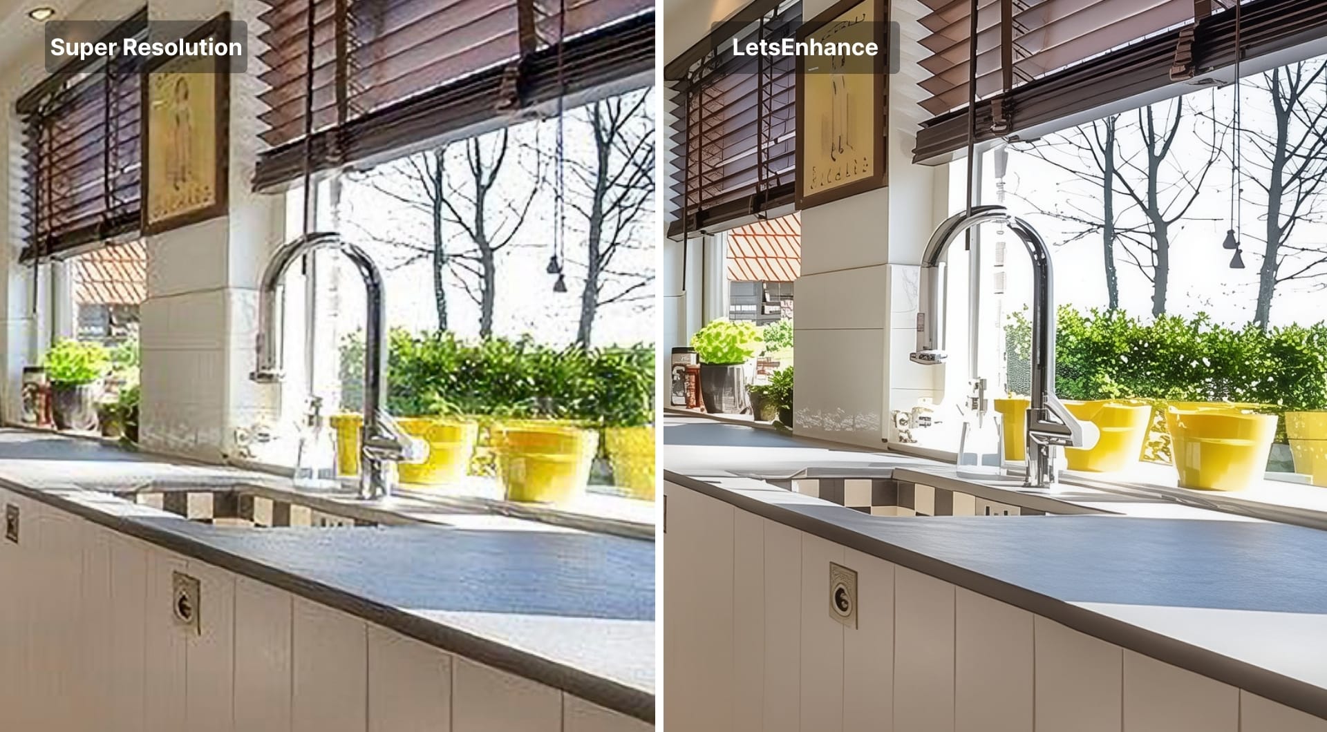 Kitchen detail zooms comparing Super Resolution and LetsEnhance