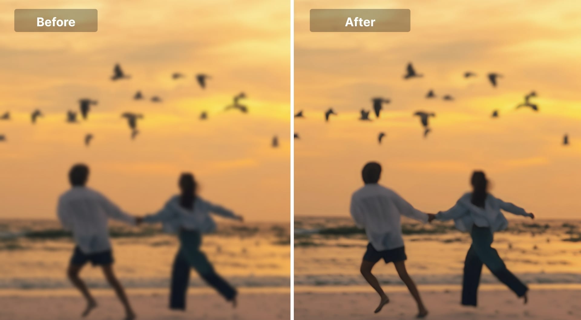 Couple running on beach at sunset, clarity slightly improved with Artguru.