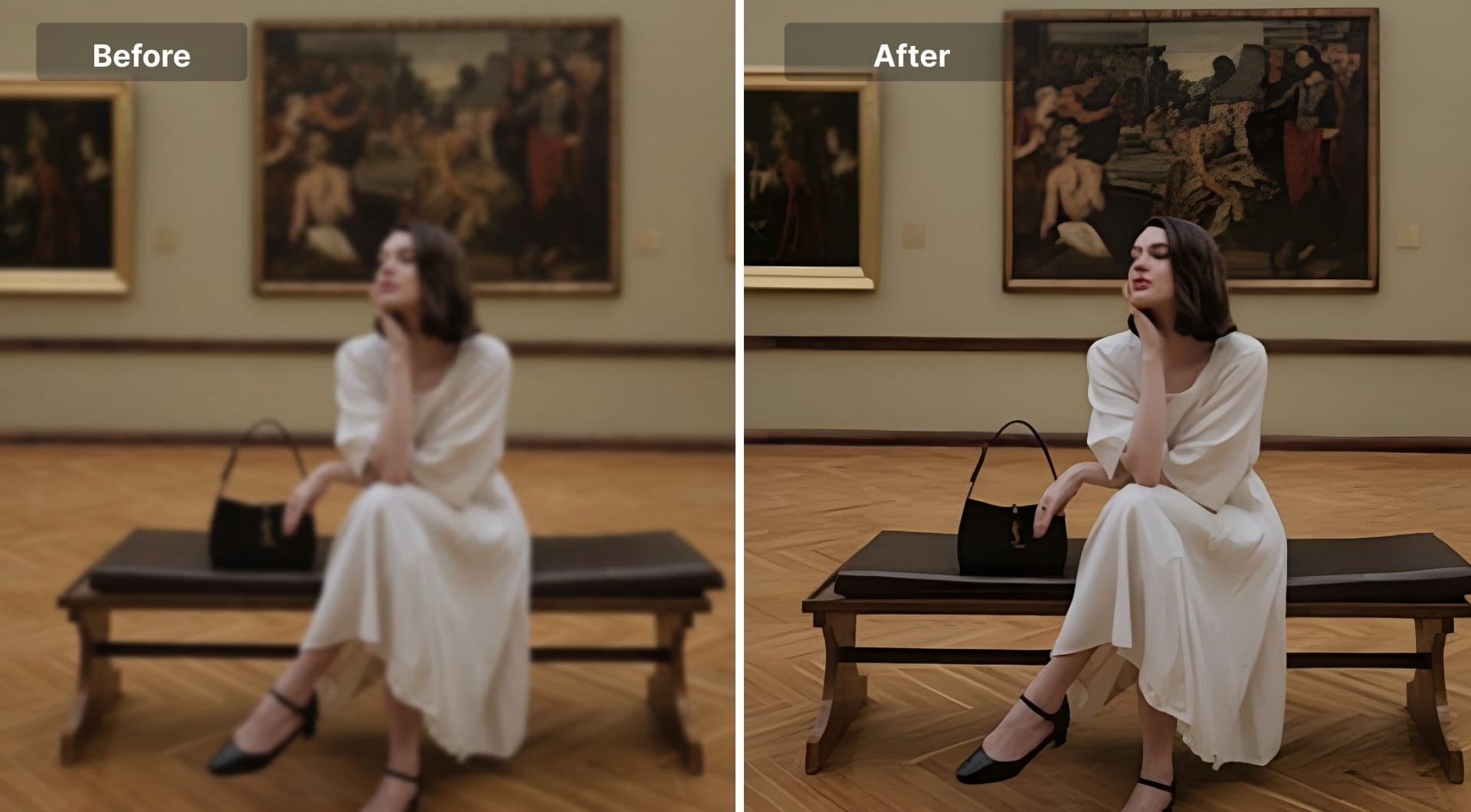 Woman sitting on museum bench, image slightly sharpened by Canva unblur.