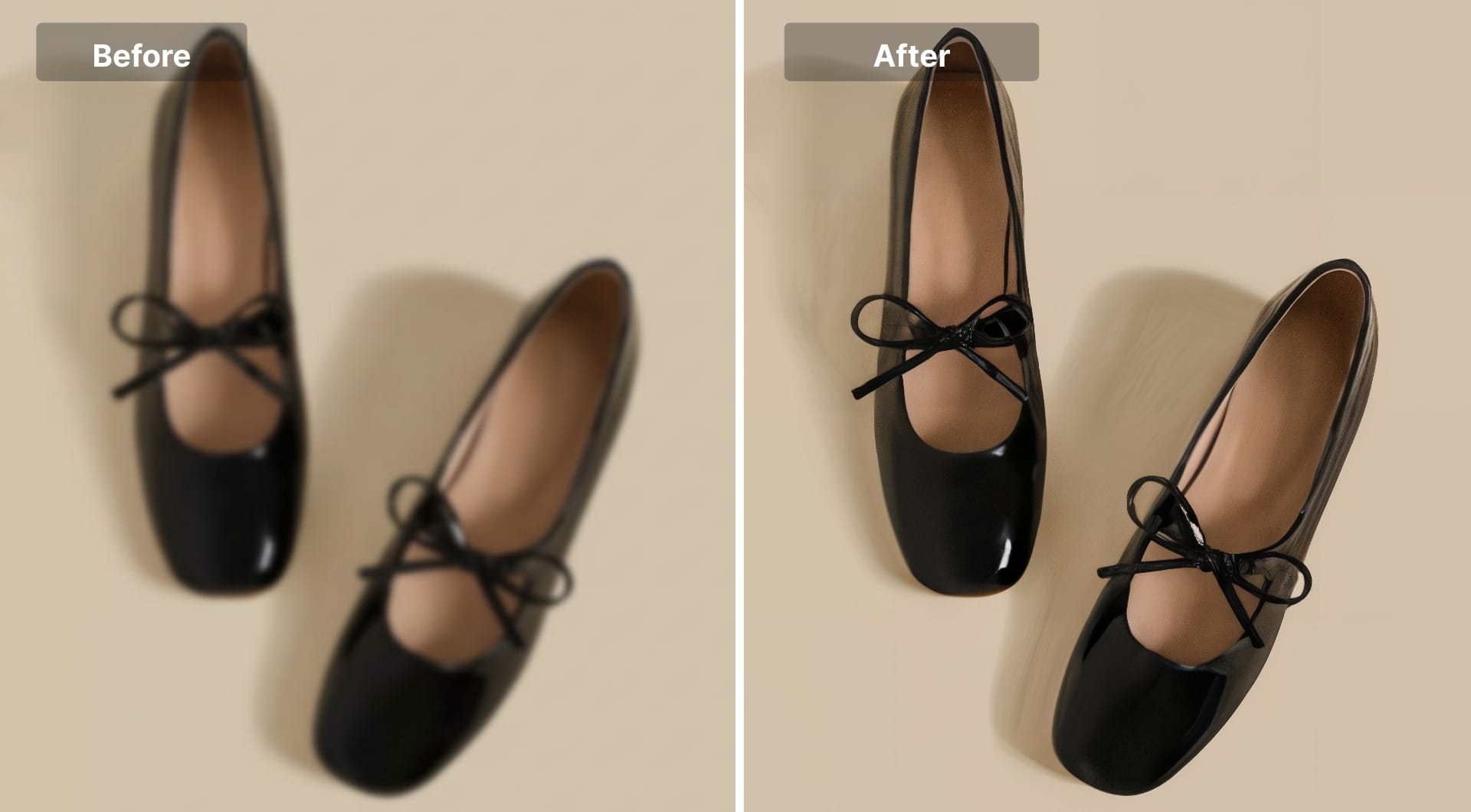 Top-down product photo of black flats sharpened with Claid.ai.