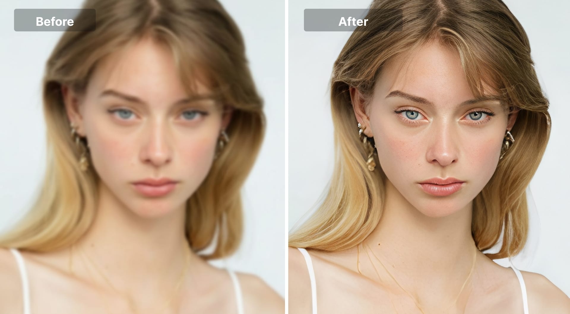 Blurry studio portrait restored to detailed image via LetsEnhance.