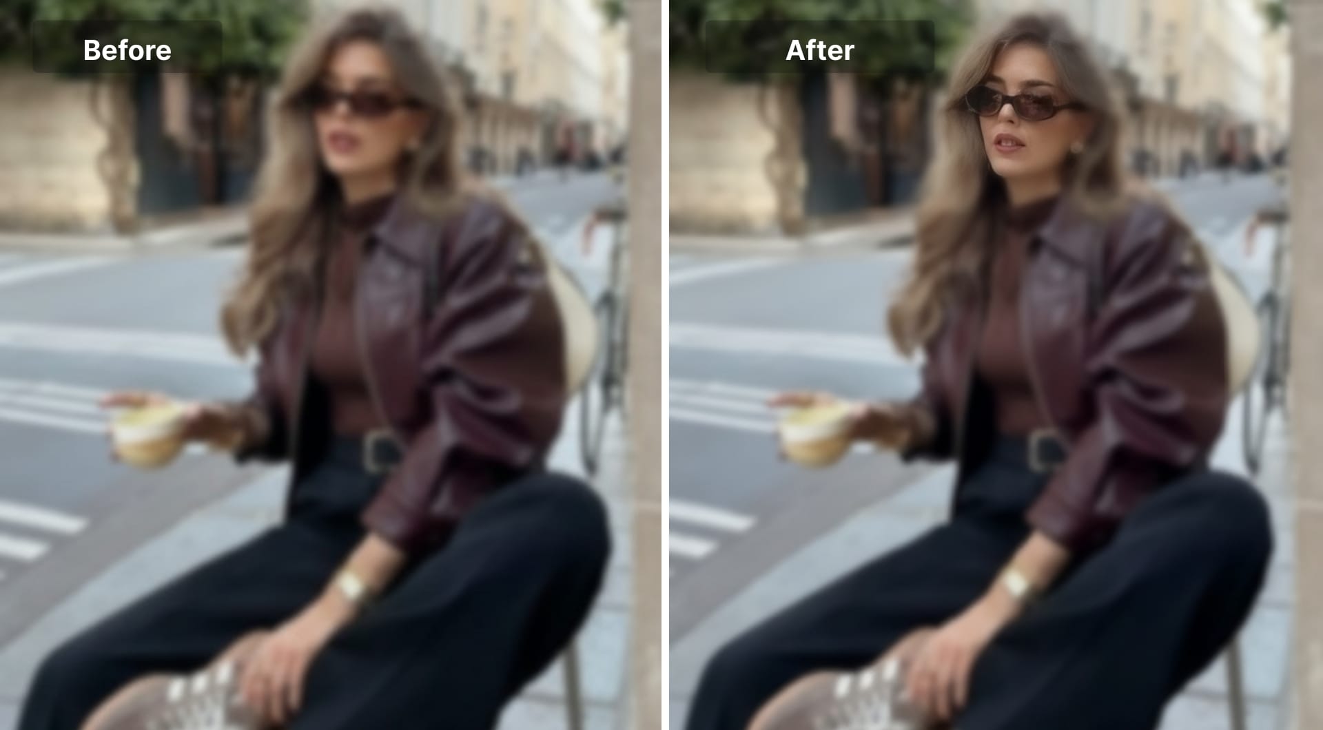 A portrait before and after AI unblur in Picsart.