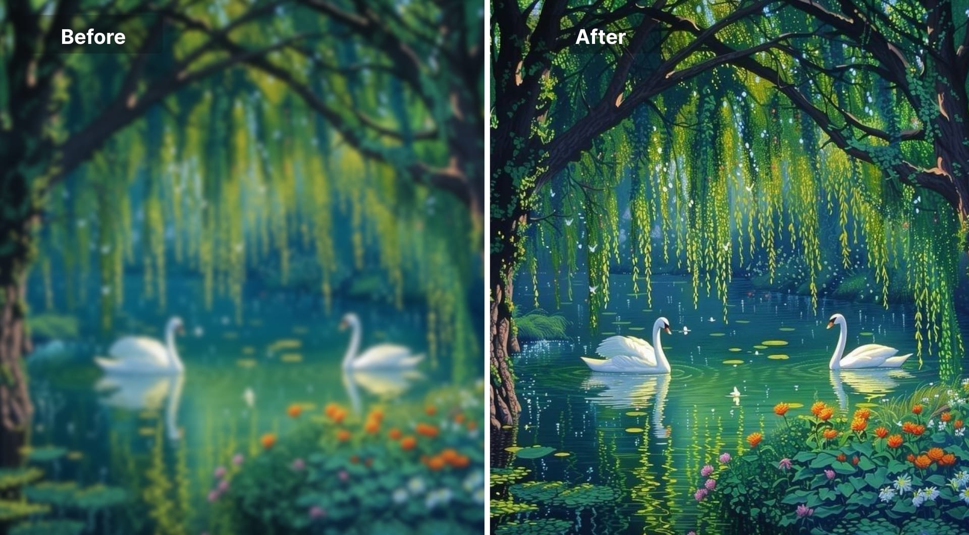 AI art of swan lake scene refined from blurry to crisp with PicWish.