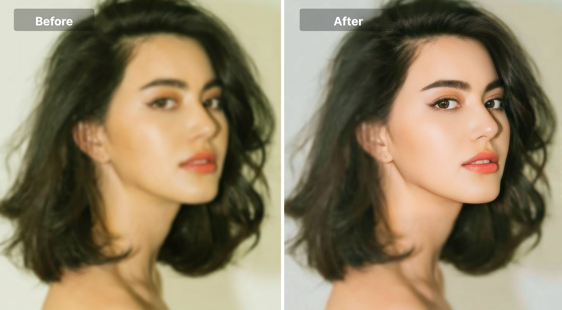 Blurry portrait sharpened into clear shot using Remini.