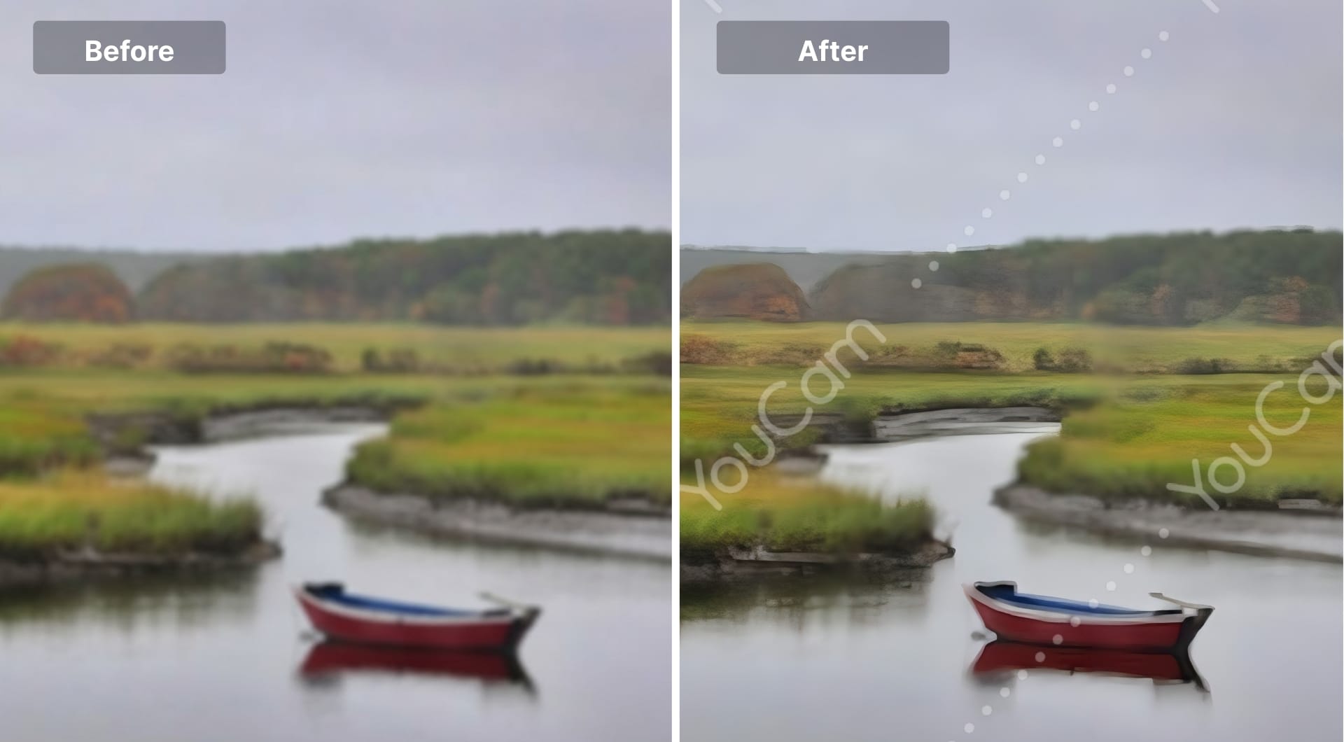 Before and after river landscape unblurred with YouCam Enhance.
