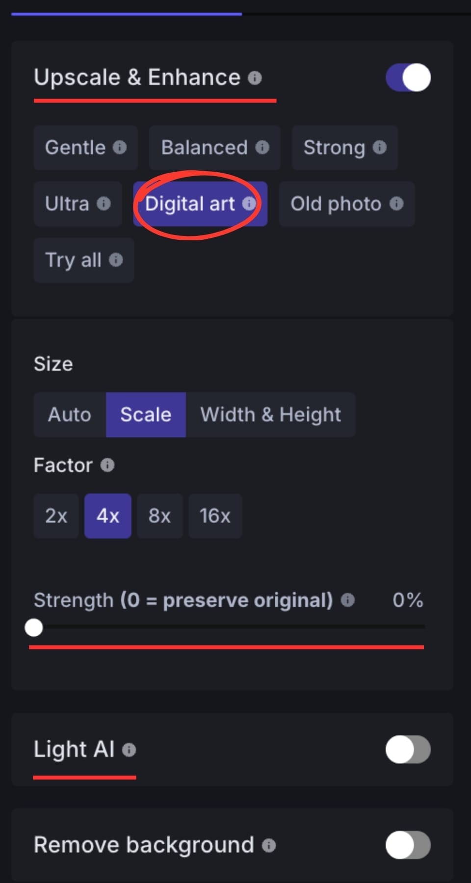 Upscale and enhance panel highlighting Digital art mode
