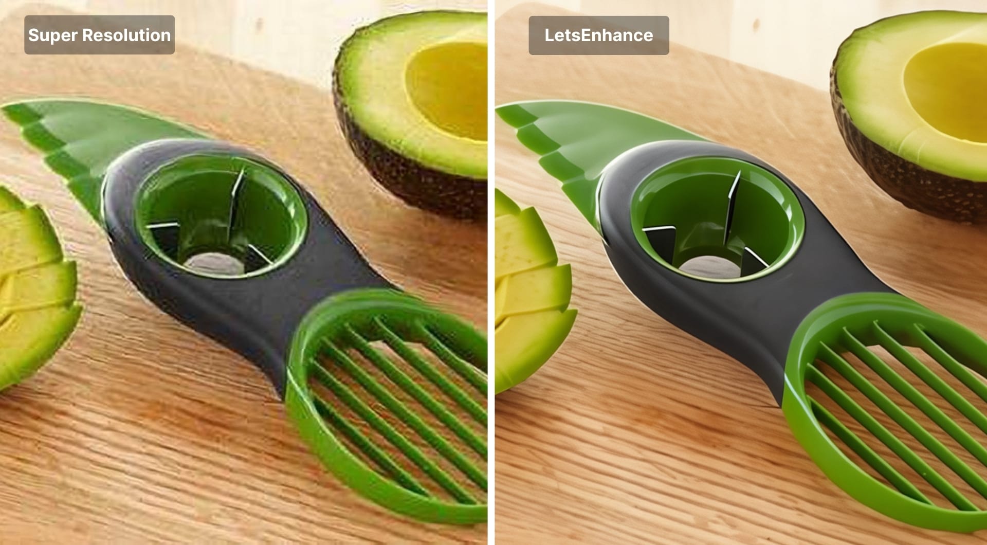 Upscaled avocado slicer photo comparing Super Resolution and LetsEnhance