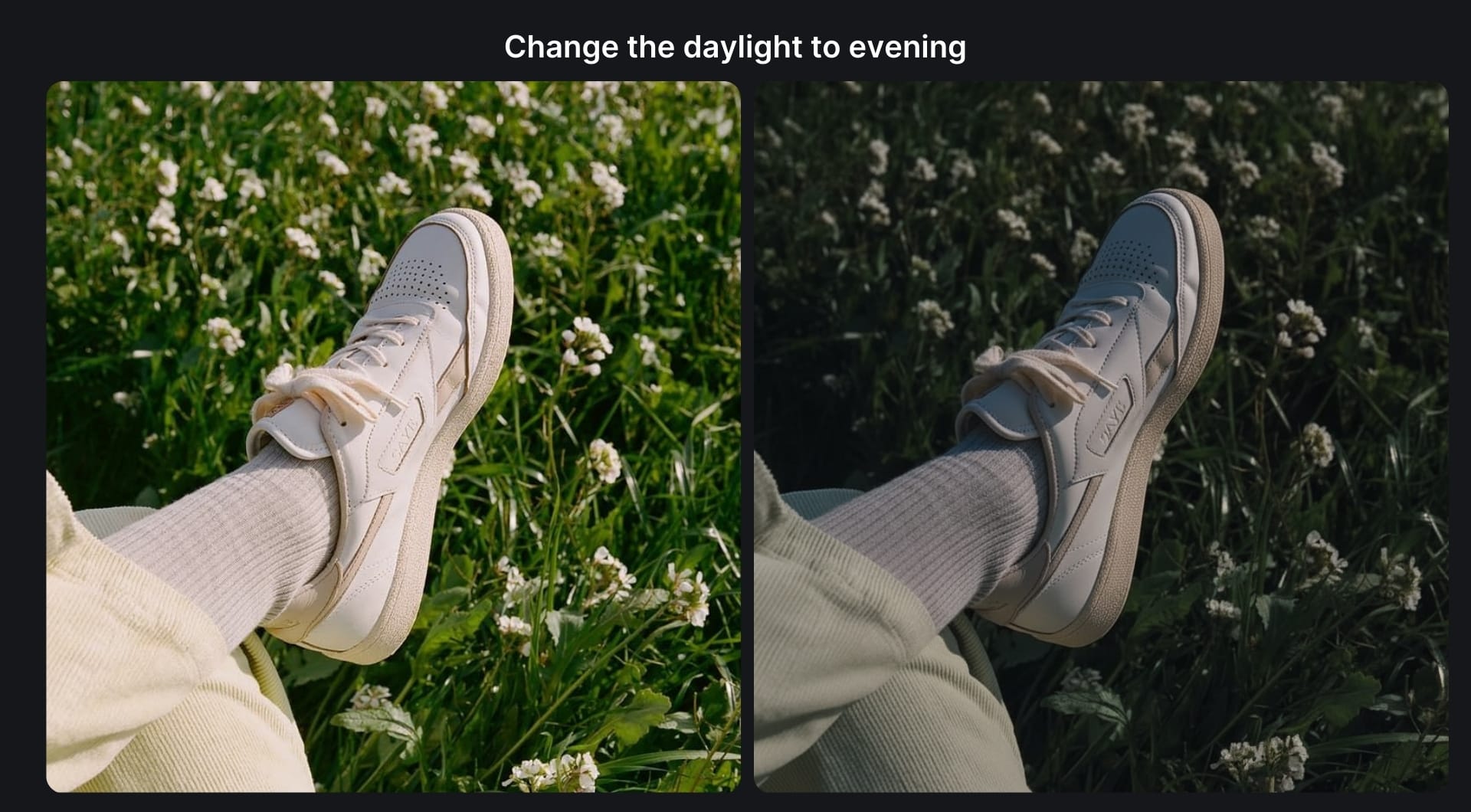 Shoe photo edited from daylight to evening lighting
