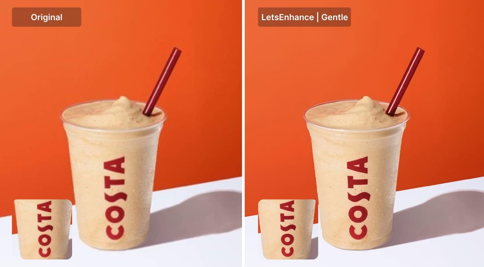 Before-and-after upscaling of an iced coffee cup using Gentle model